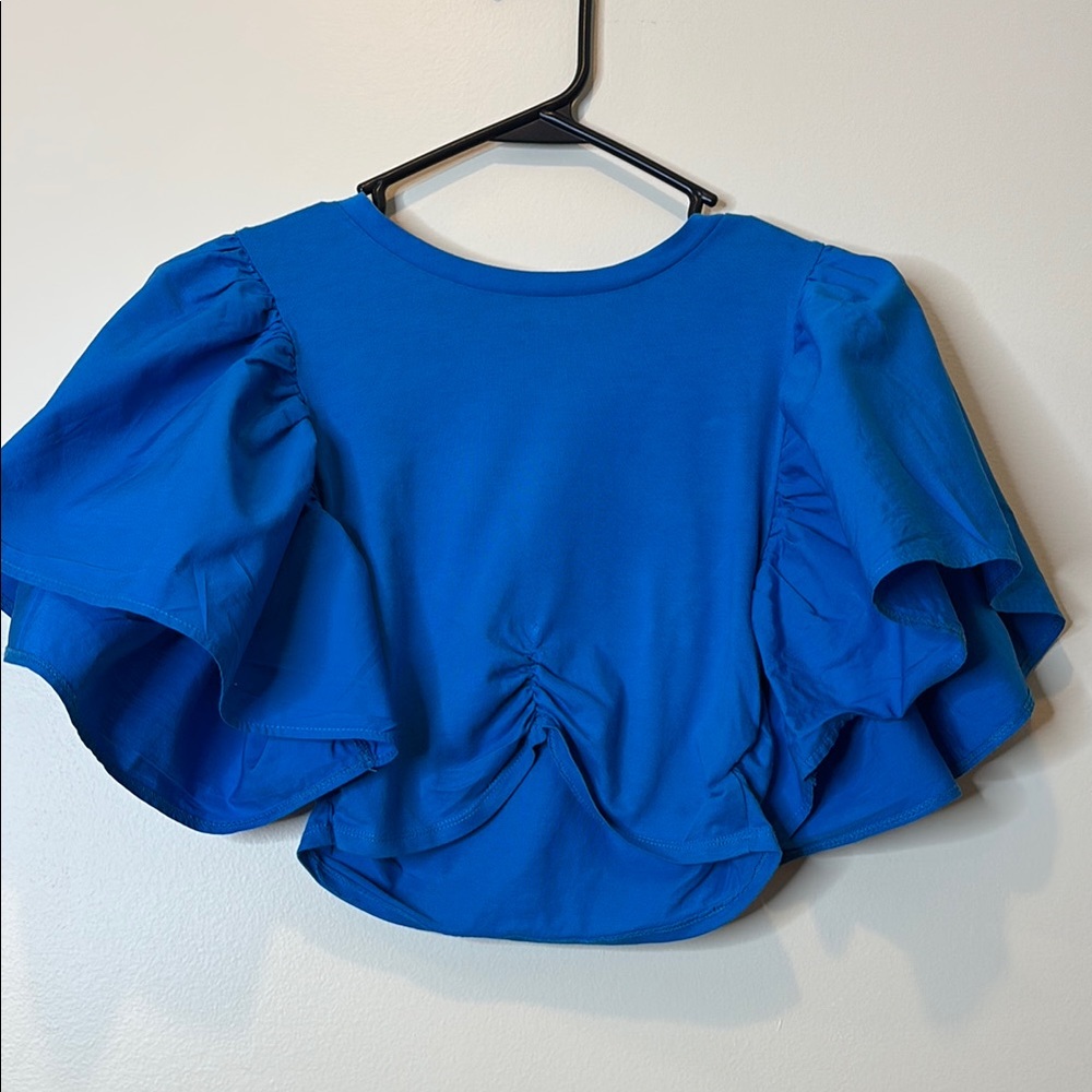 Preowned Zara Blue Ruched Crop Blouse Size S